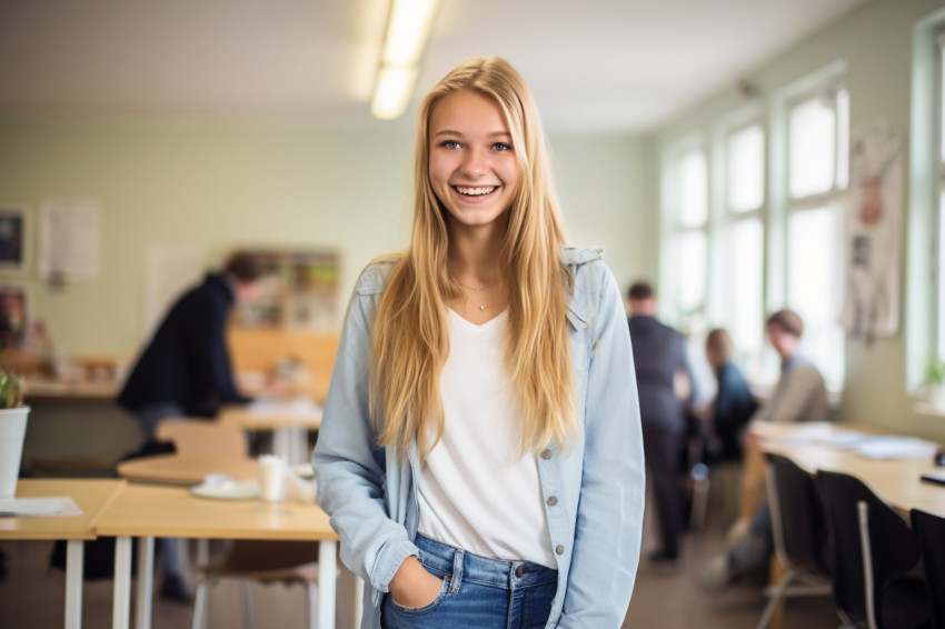 Smiling high school girl working blurred background