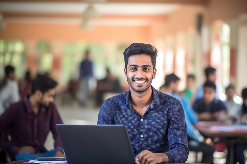 Smiling Indian college student working blurred background