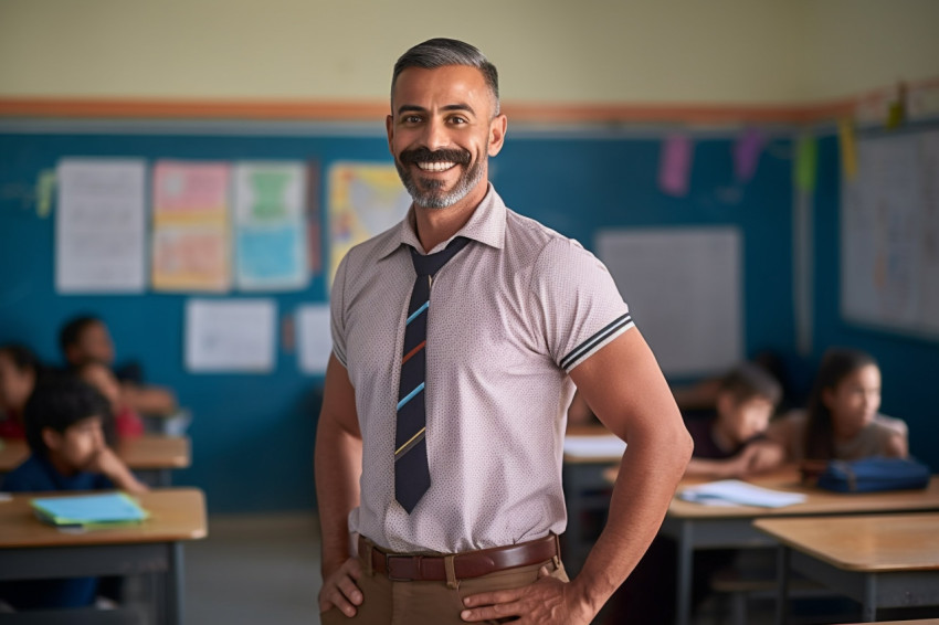 Smiling Indian male teacher working on a blurred background