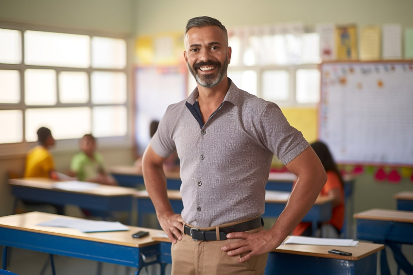 Smiling Indian male teacher working on a blurred background