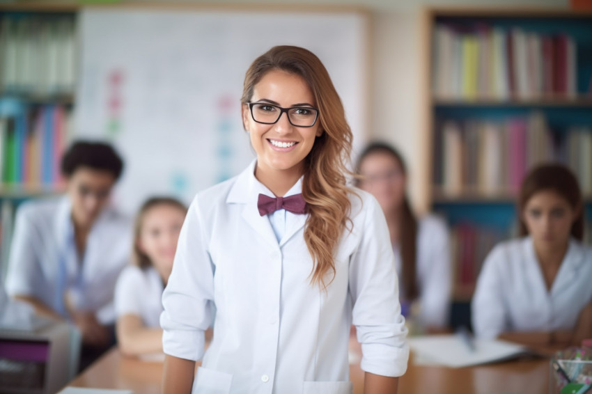 Smiling science teacher working on blurred background