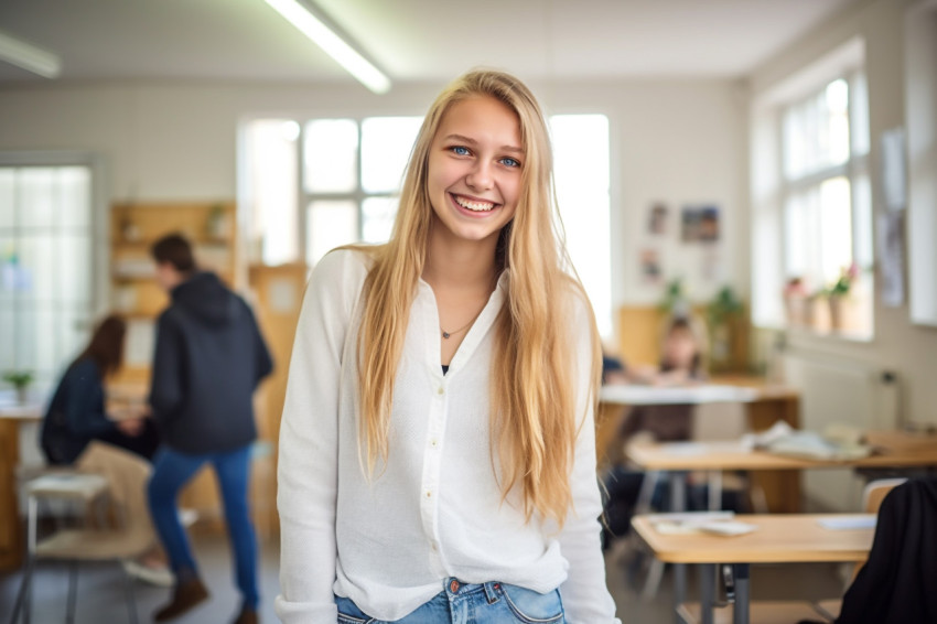 Smiling high school girl working blurred background