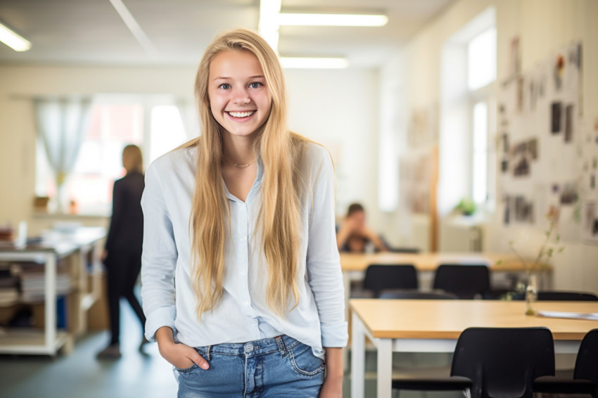 Smiling high school girl working blurred background