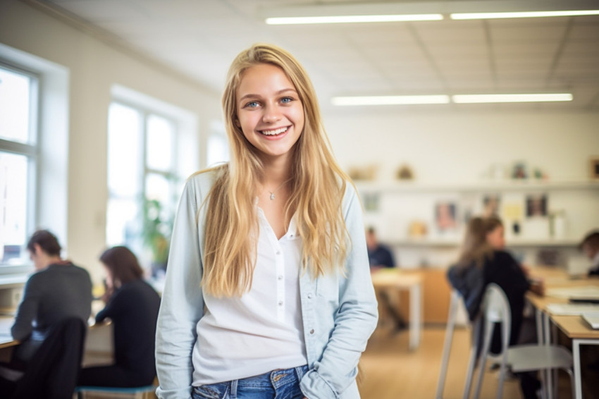 Smiling high school girl working blurred background