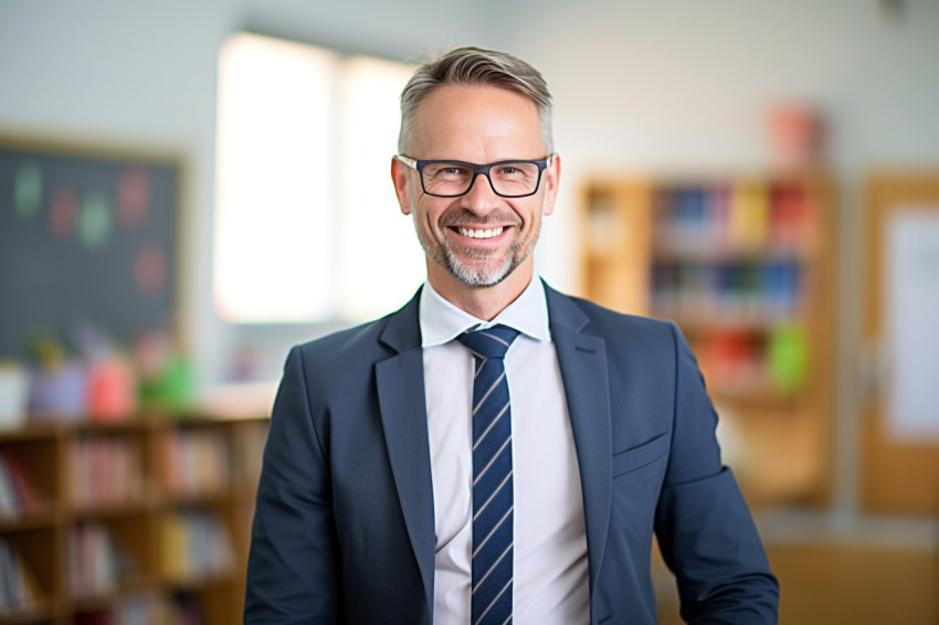 Happy male teacher working in a classroom