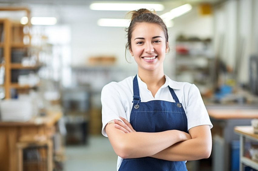 Smiling female trade school student working blurred background