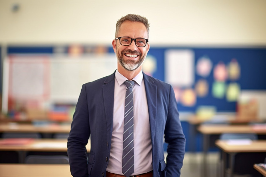 Smiling teacher in front of blurred background