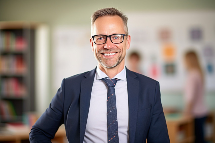 Happy male teacher working in a classroom