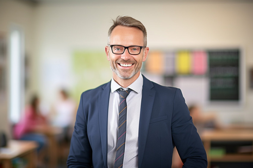 Happy male teacher working in a classroom