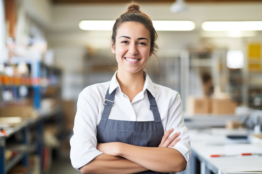 Smiling female trade school student working blurred background