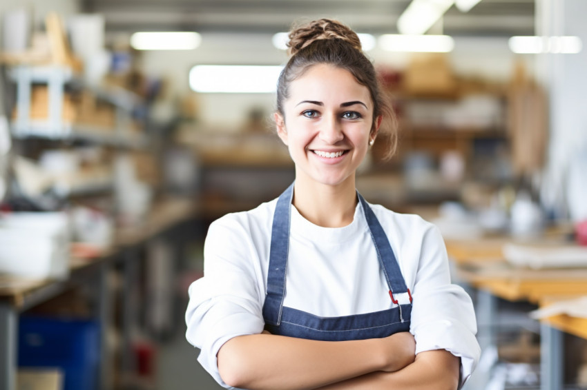 Smiling female trade school student working blurred background