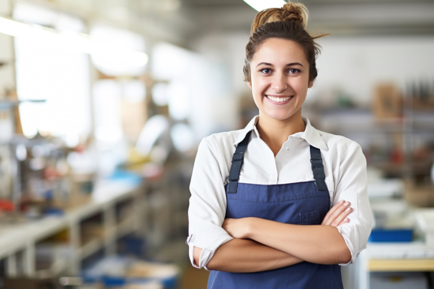 Smiling female trade school student working blurred background