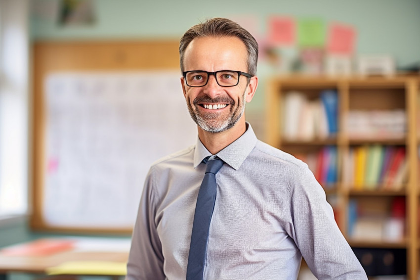 Smiling teacher in front of blurred background