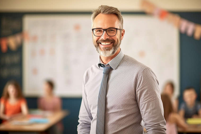 Smiling teacher in front of blurred background