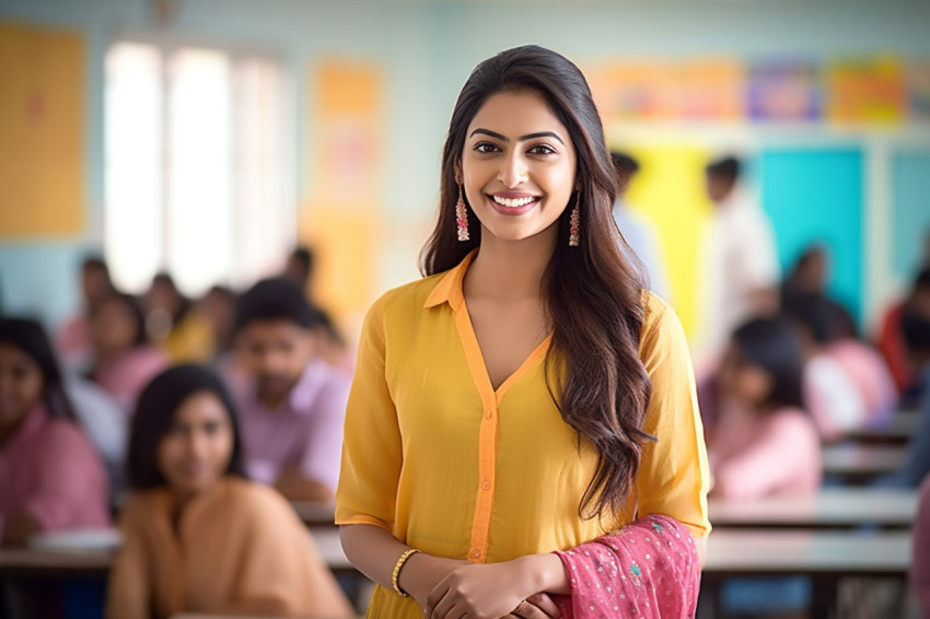 Indian female teacher smiling in a classroom