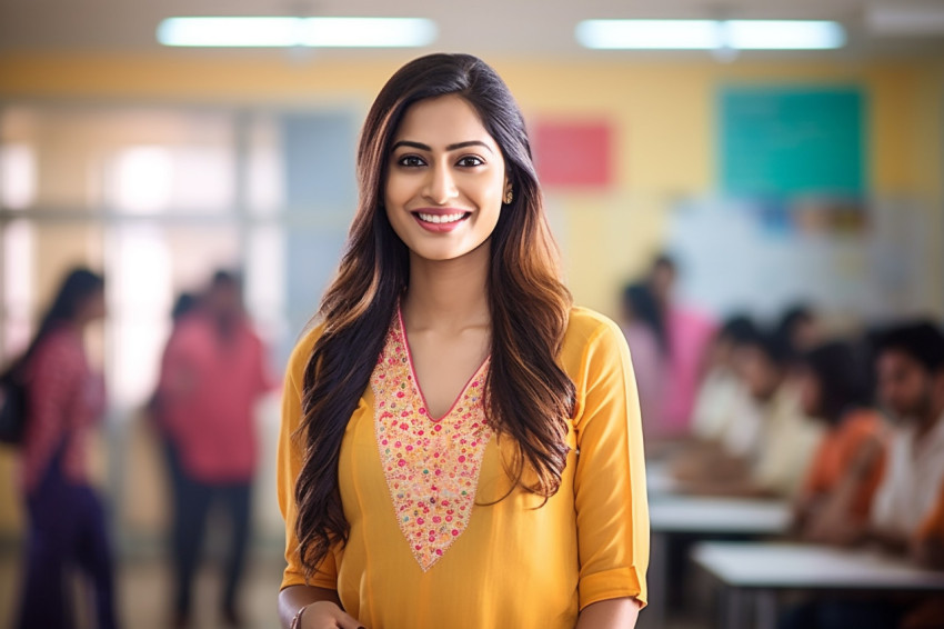 Indian female teacher smiling in a classroom