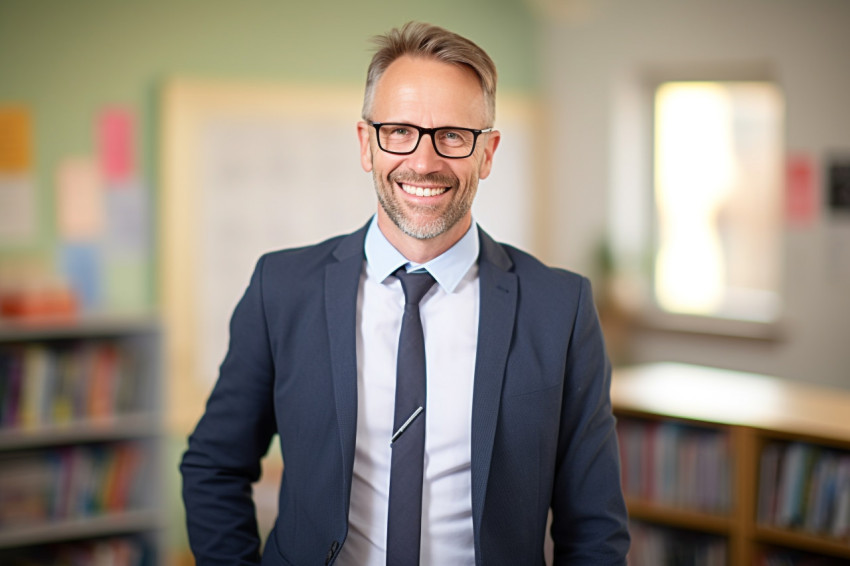 Happy male teacher working in a classroom