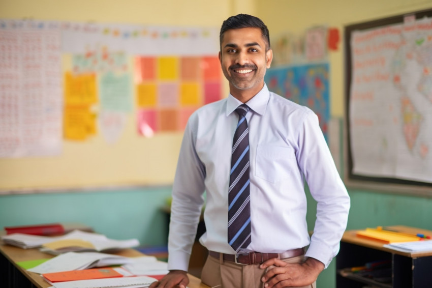 Friendly Indian male teacher works at elementary school