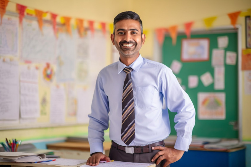 Friendly Indian male teacher works at elementary school