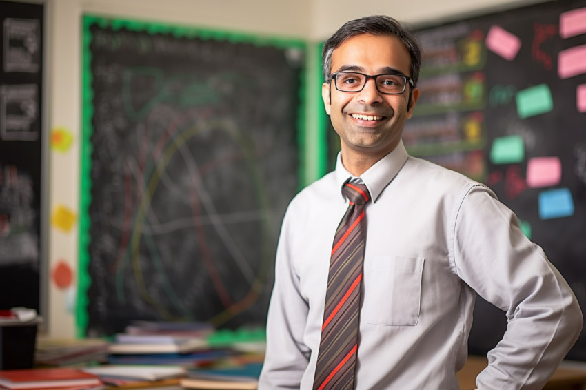 Smiling Indian male science teacher teaching students in a classroom