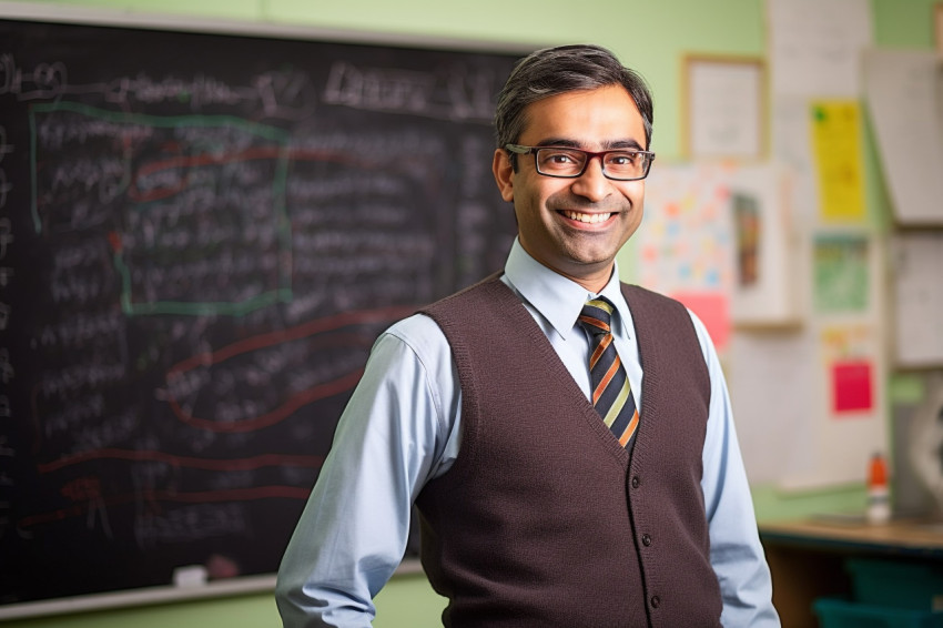 Smiling Indian male science teacher teaching students in a classroom