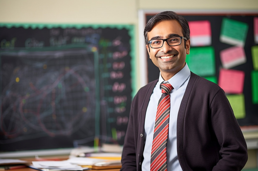 Smiling Indian male science teacher teaching students in a classroom