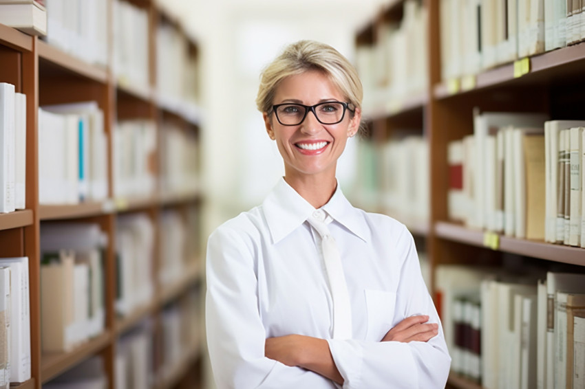 Cheerful librarian working in library