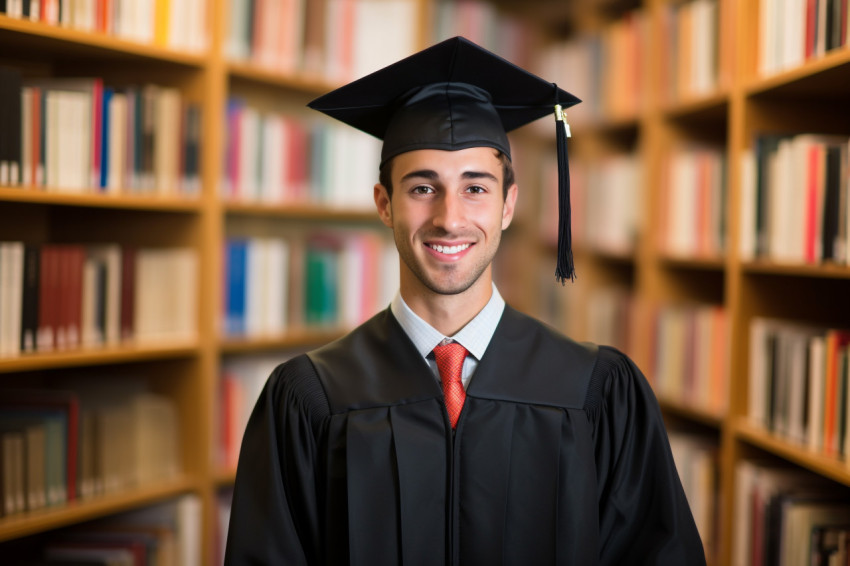 Male grad student working on blurred background