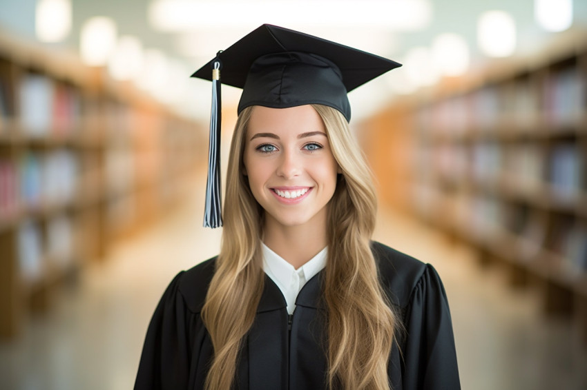 Smiling female grad student working on blurred background