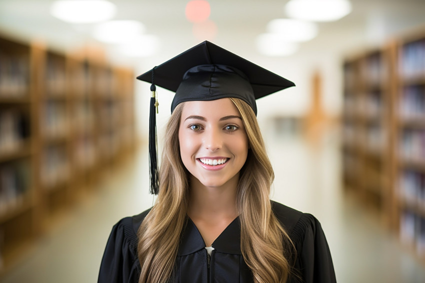 Smiling female grad student working on blurred background