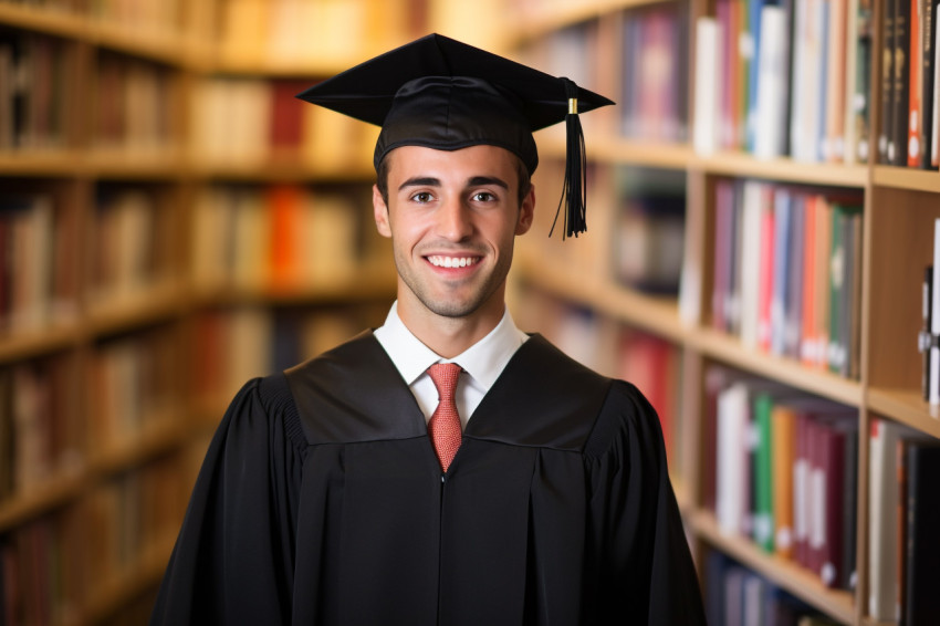 Male grad student working on blurred background