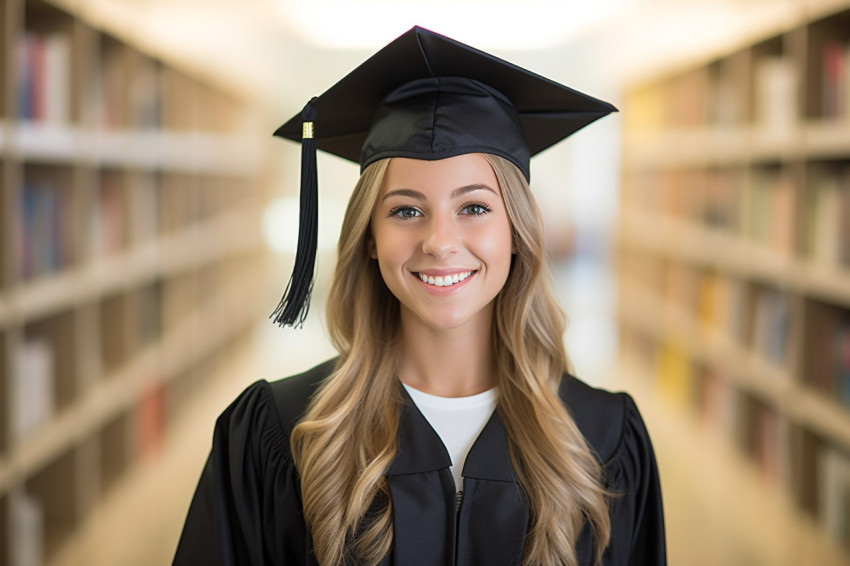 Smiling female grad student working on blurred background