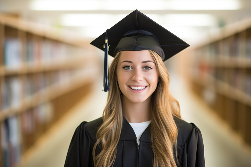 Smiling female grad student working on blurred background