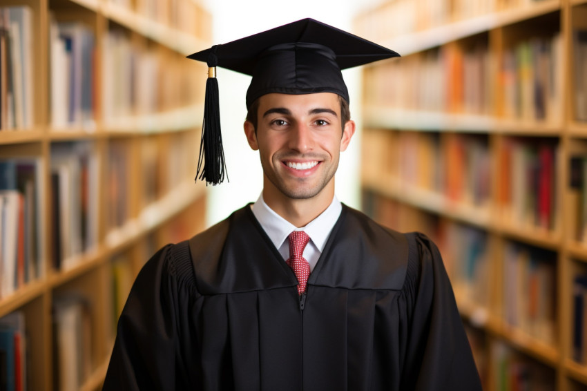 Male grad student working on blurred background