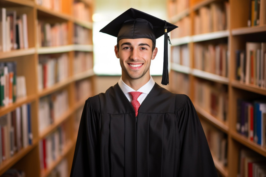 Male grad student working on blurred background