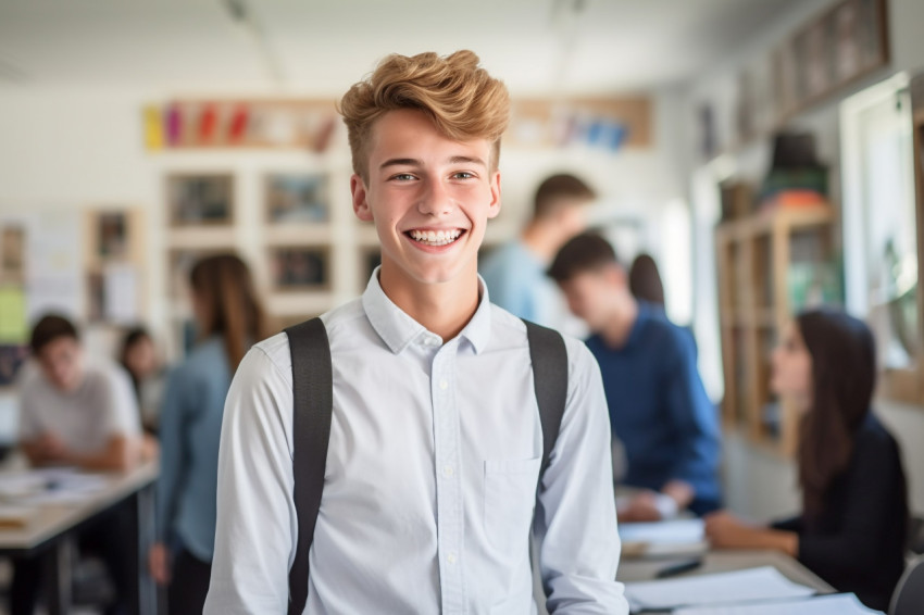 Happy high school student working blurred background