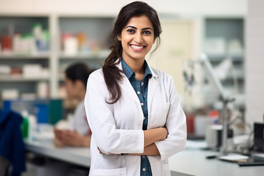 Indian female science teacher smiling in a classroom