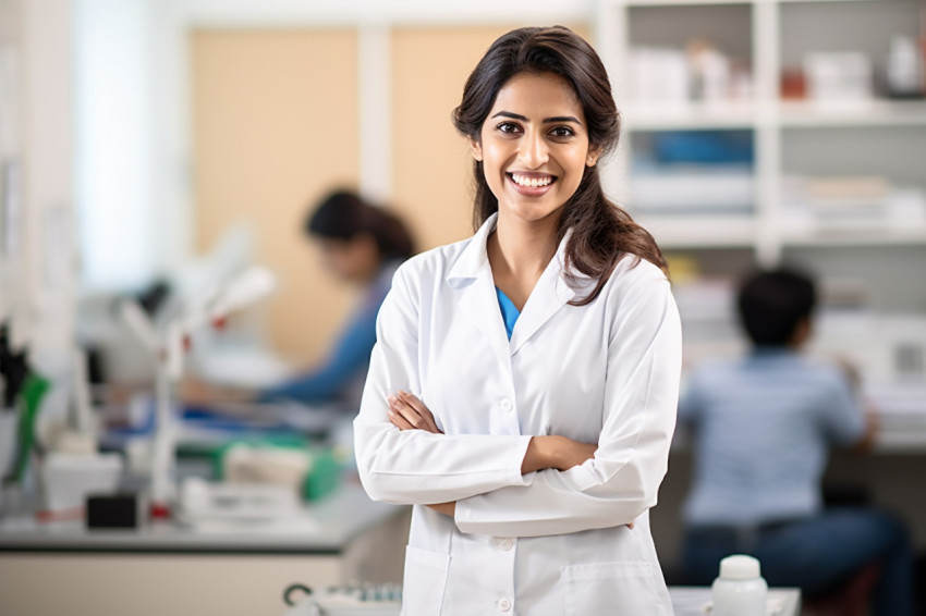 Indian female science teacher smiling in a classroom