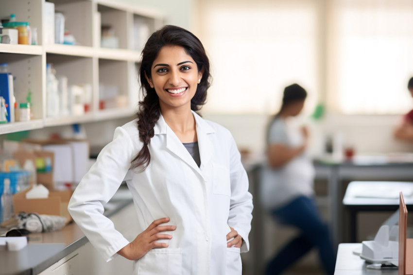 Indian female science teacher smiling in a classroom