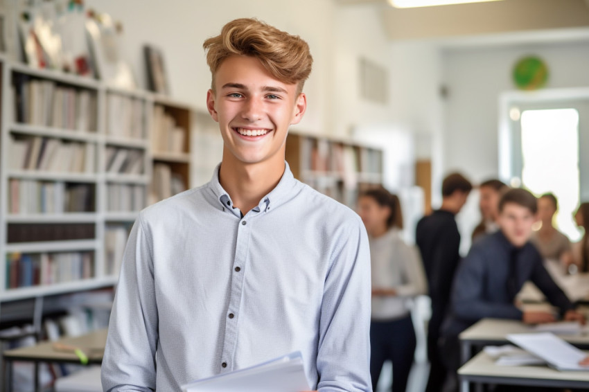 Happy high school student working blurred background