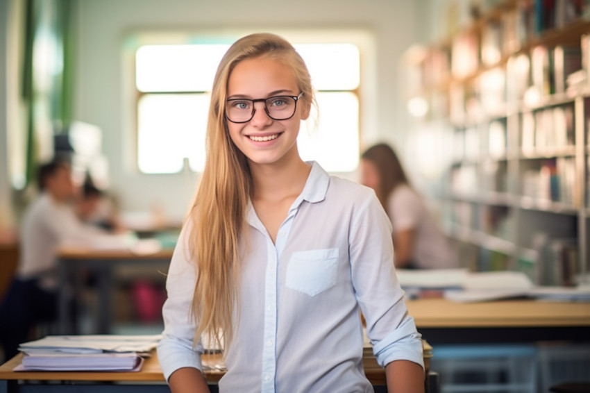 Smiling female middle school student working on a blurry background