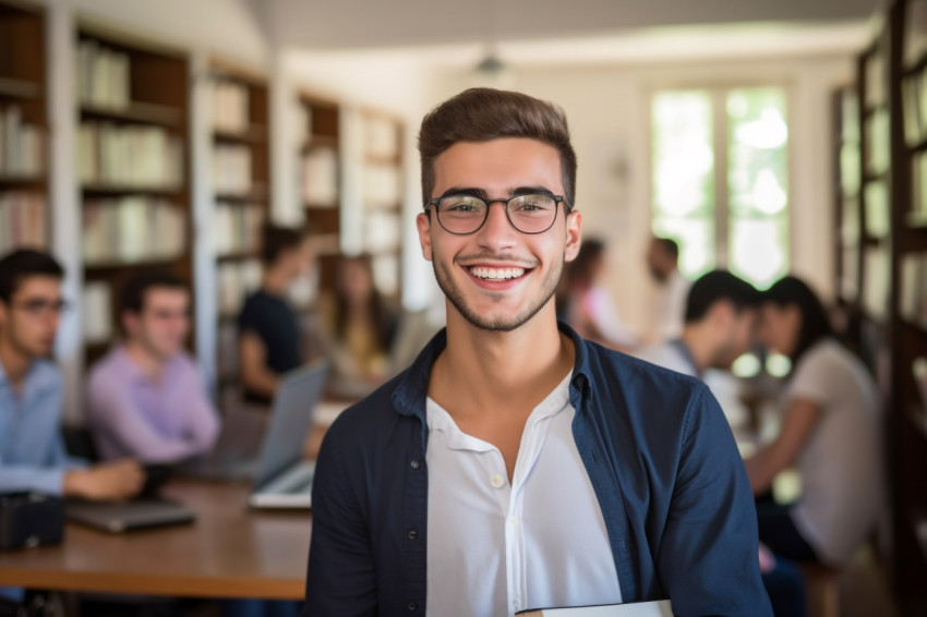 Smiling college student working on blurred background