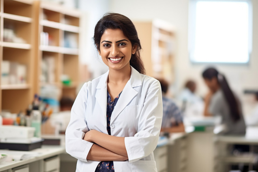 Indian female science teacher smiling in a classroom