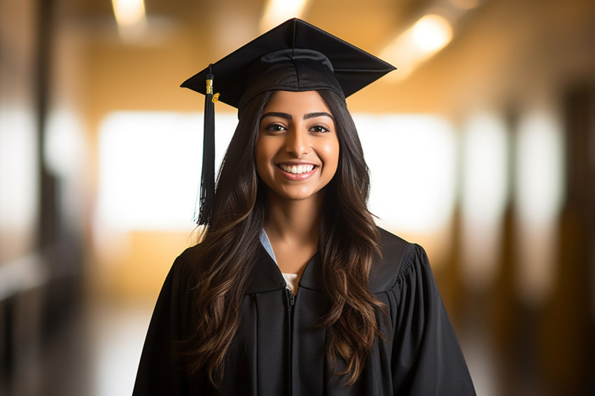 Indian female grad student smiling at work