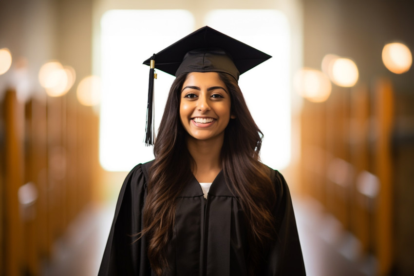 Indian female grad student smiling at work