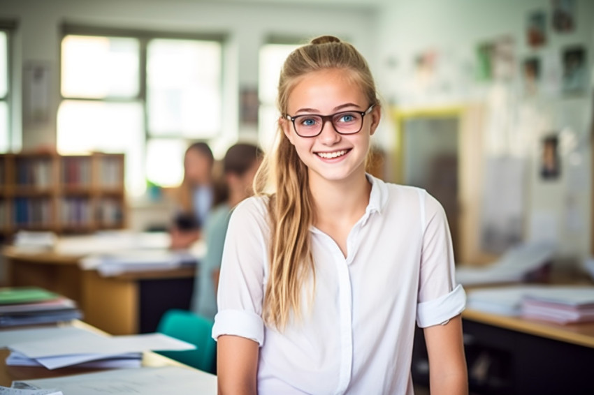 Smiling female middle school student working on a blurry background