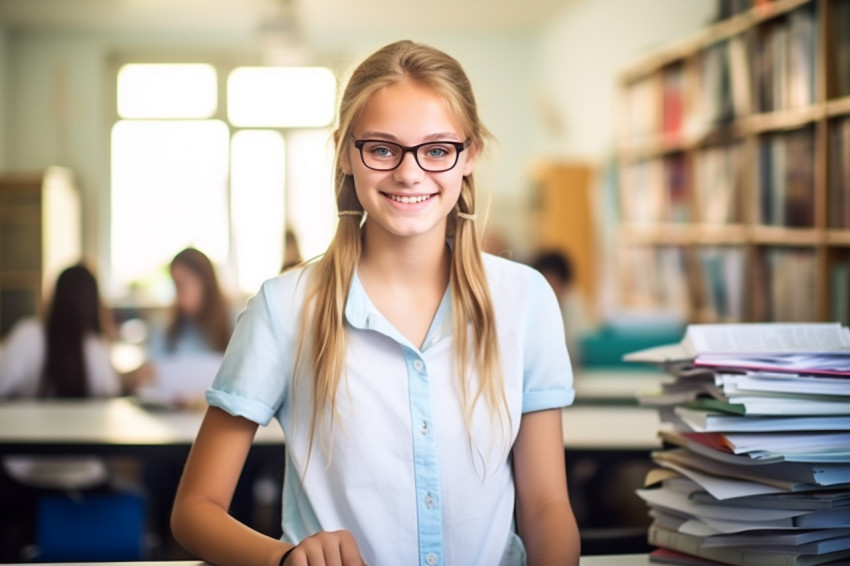 Smiling female middle school student working on a blurry background