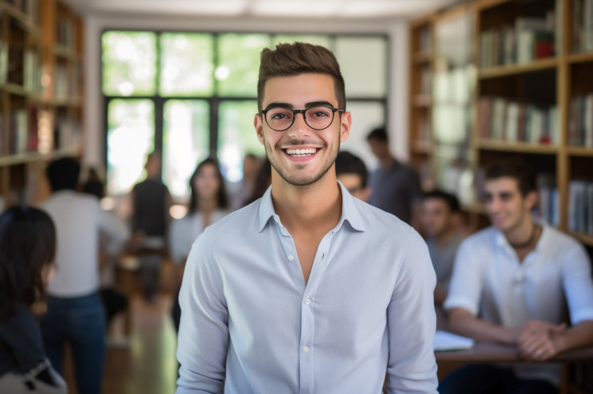 Smiling college student working on blurred background