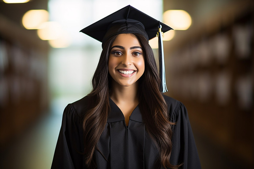 Indian female grad student smiling at work