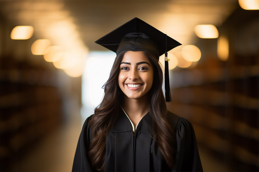 Indian female grad student smiling at work